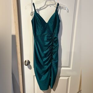 Honey and Rosie Sparkling Green Ruched Midi Dress